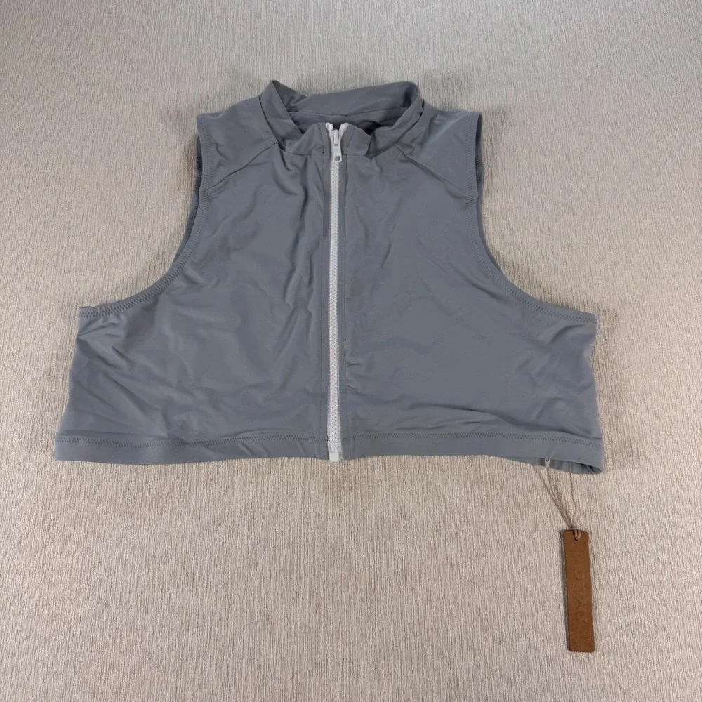 SKIMS Sporty Zipper Swim Mock Neck Top Pacific Blue Gray 2X TP-TNK-3007 NEW